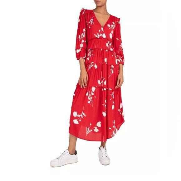 Ba&sh Paule Tiered Floral Midi Dress Medium Red Ruffle V-Neck - Picture 1 of 10